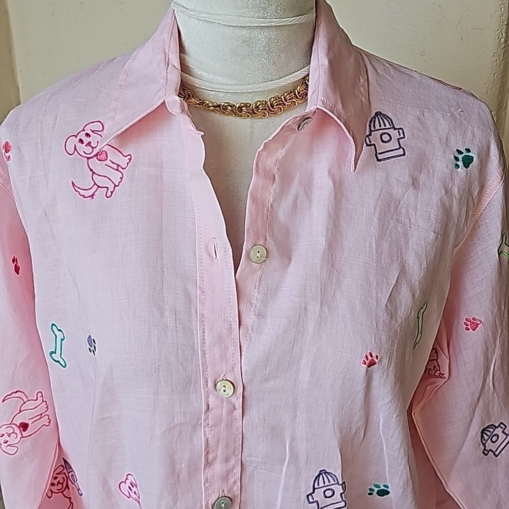 Dog lovers pink long sleeve linen button front blouse size small